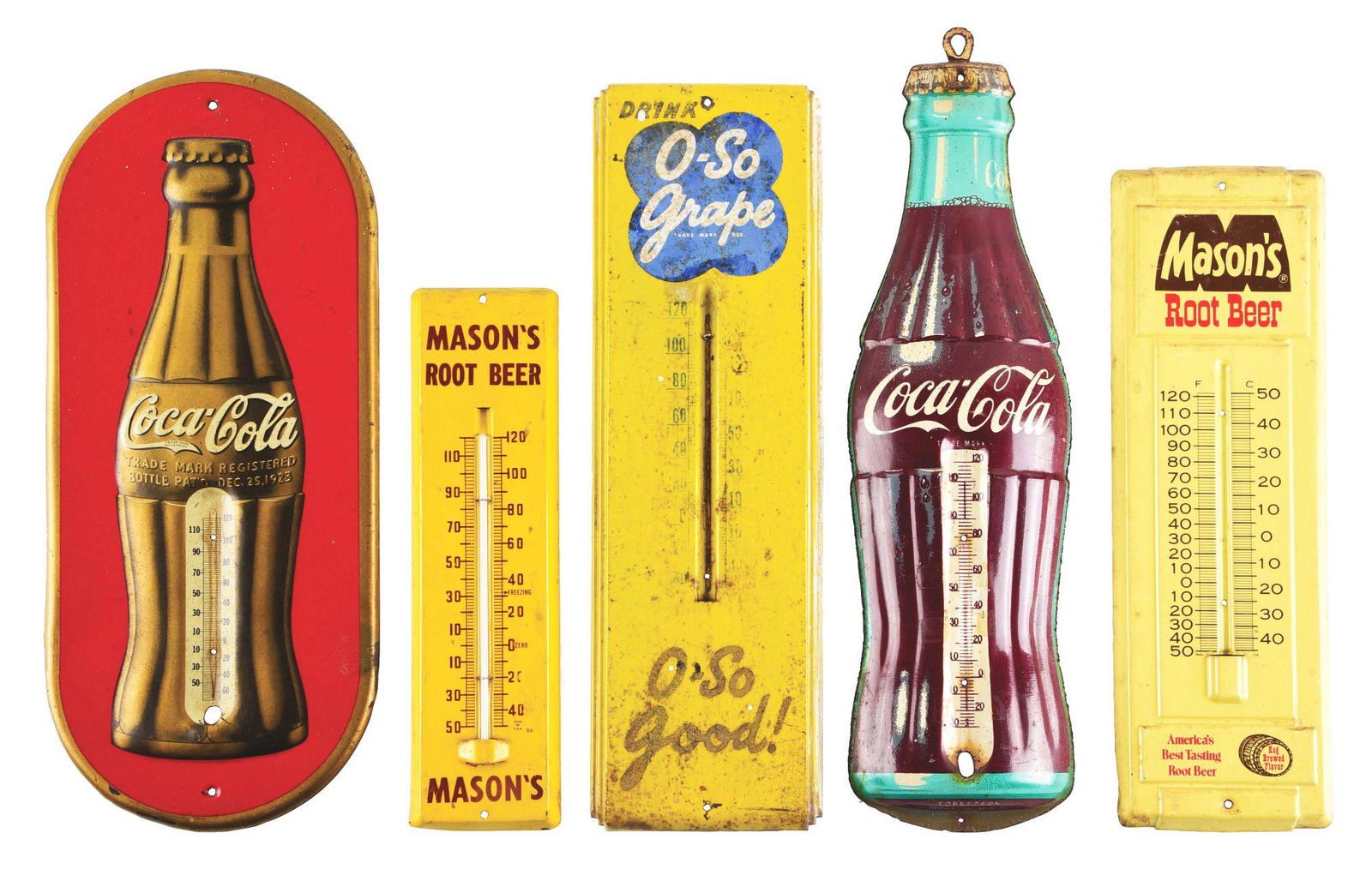 COLLECTION OF 5: COCA COLA & SODA POP TIN THERMOMETERS.: Lot Consists Of: Item one is a Coca Cola Embossed Tin Thermometer with Gold Bottle graphic, overall very clean with no Thermometer, Grade 8.0. Item two is a Mason's Root Beer Tin Thermometer, showing