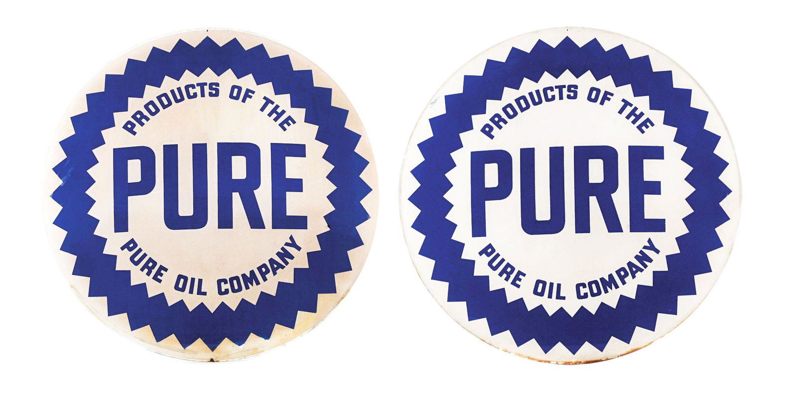 SET OF 2: PRODUCTS OF THE PURE OIL COMPANY 15" GLOBE LENSES W/ SAWTOOTH BORDER. (1 of 2)