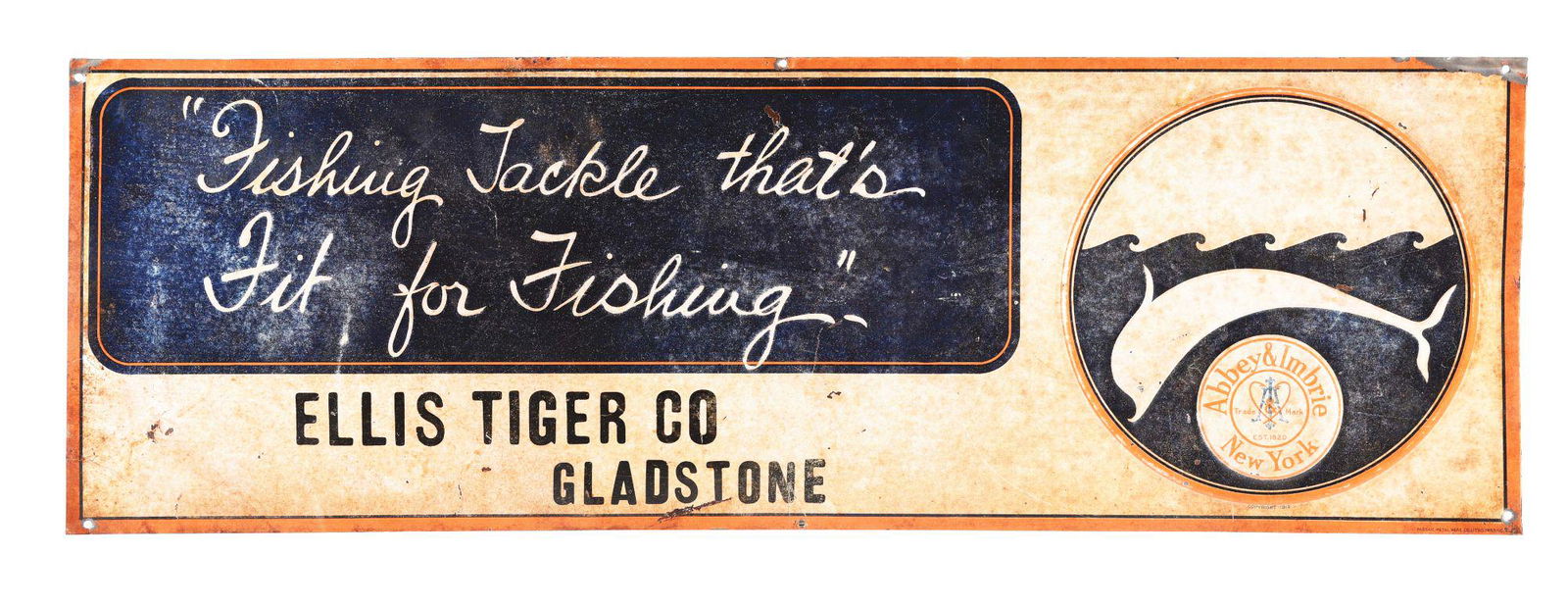 ABBEY & IMBRIE "FISHING TACKLE THAT'S FIT FOR FISHING" EMBOSSED TIN SIGN W/ MARINE GRAPHIC. (1 of 3)