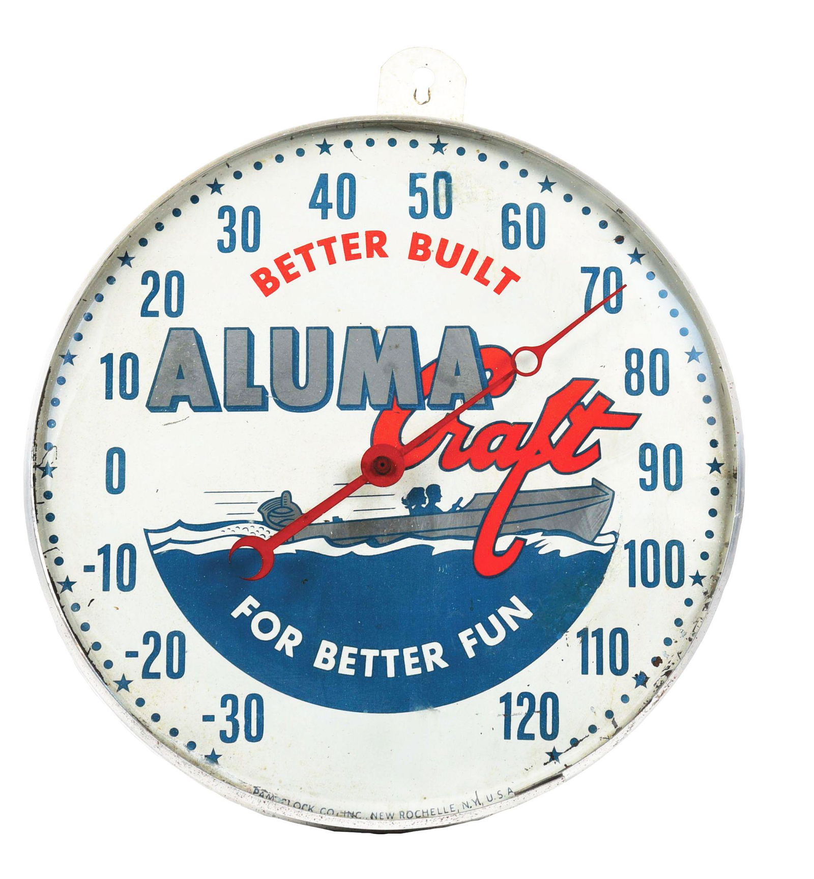 ALUMA CRAFT BOATS TIN FACED THERMOMETER W/ BOAT GRAPHIC. (1 of 2)