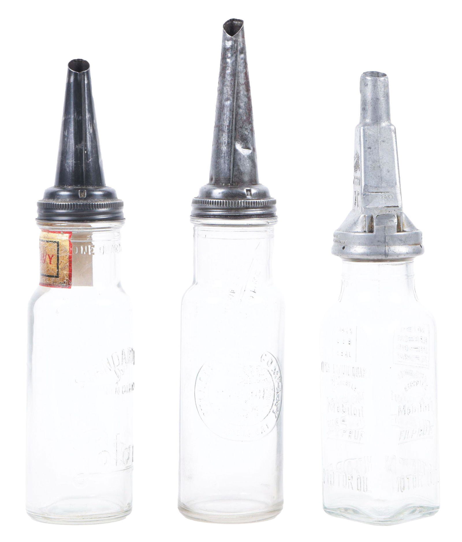 COLLECTION OF 3: GLASS MOTOR OIL SERVICE STATION BOTTLES FROM STANDARD & MOBIL. (1 of 4)