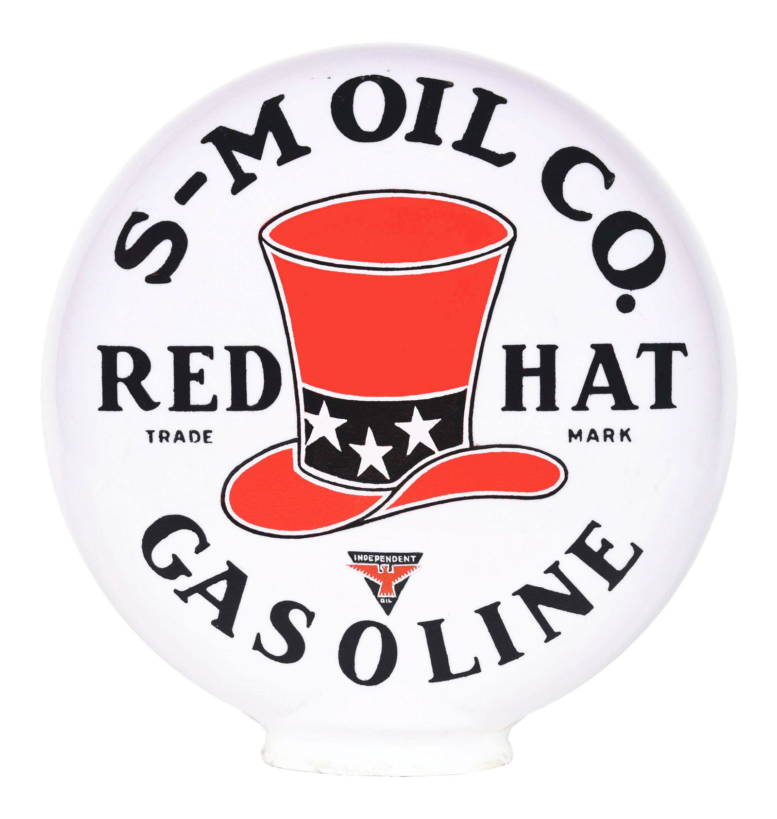 RARE S-M OIL COMPANY RED HAT GASOLINE ONE PIECE ETCHED GLOBE W/ TOP HAT GRAPHIC. (1 of 4)