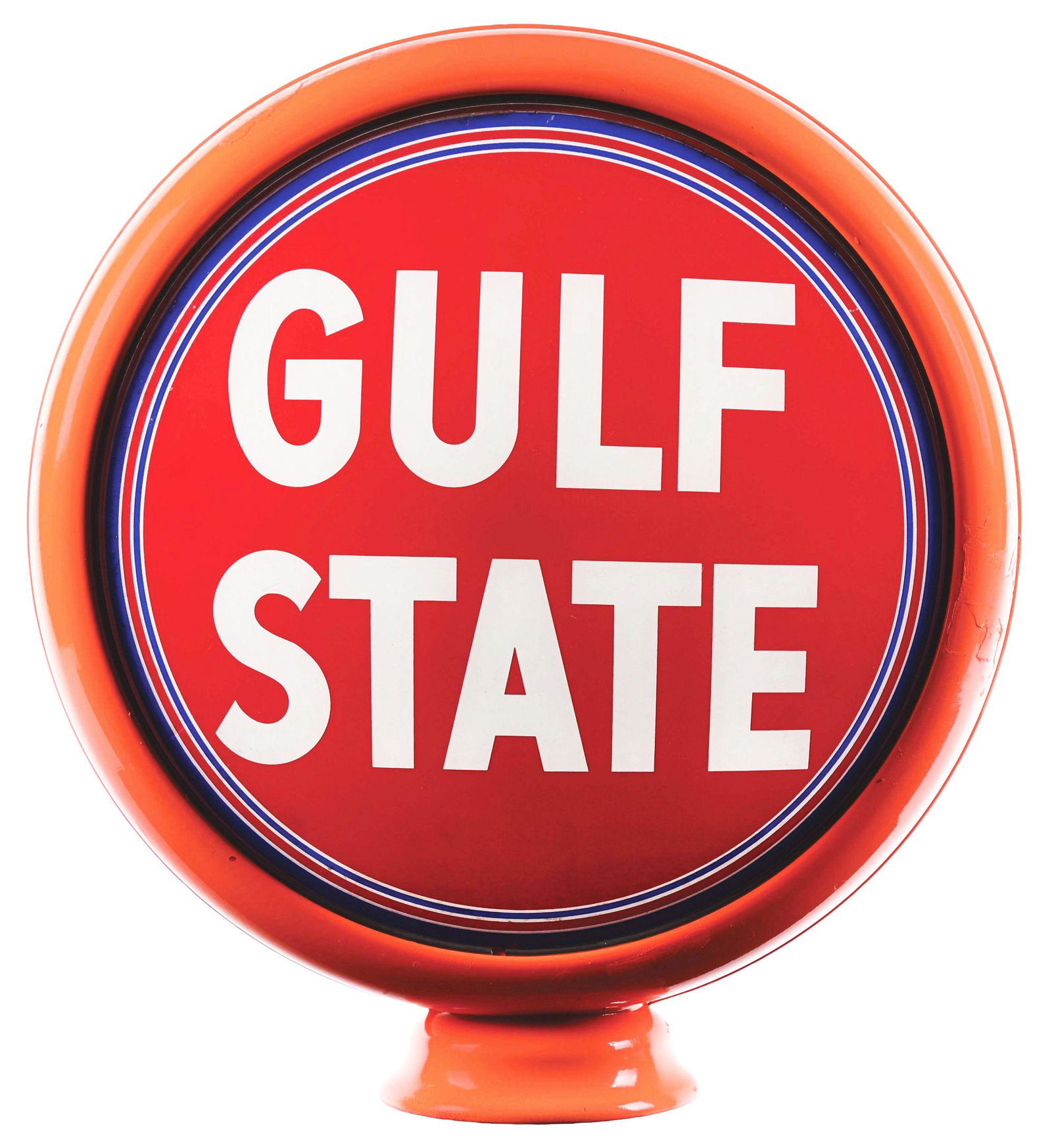 GULF STATE GASOLINE 15" SINGLE GLOBE LENS ON METAL HIGH PROFILE BODY. (1 of 4)