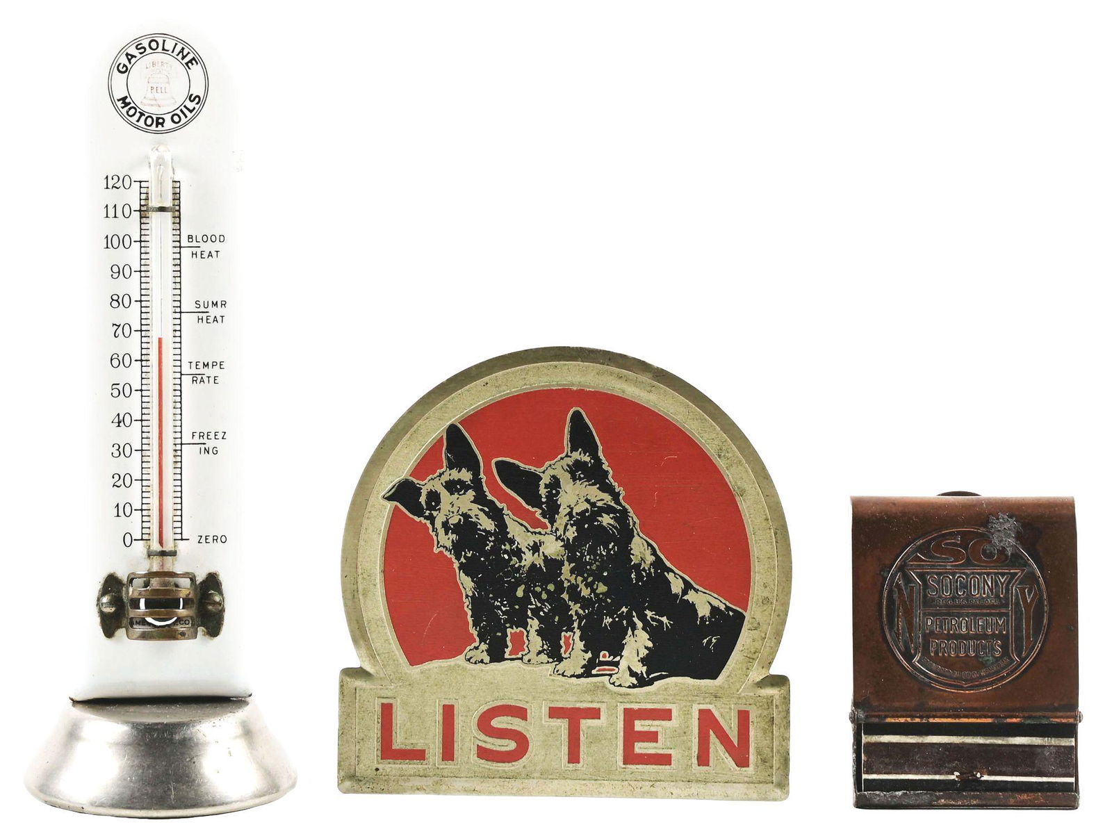 COLLECTION OF 3: GAS & OIL SERVICE STATION ADVERTISING FROM BELL, TEXACO & SOCONY.: Collection Consists Of: Item one is a rare Bell Gasoline & Oils Porcelain Thermometer with metal base, overall excellent with working Thermometer intact and fading on the Bell graphic, Grade 8.0+. Ite