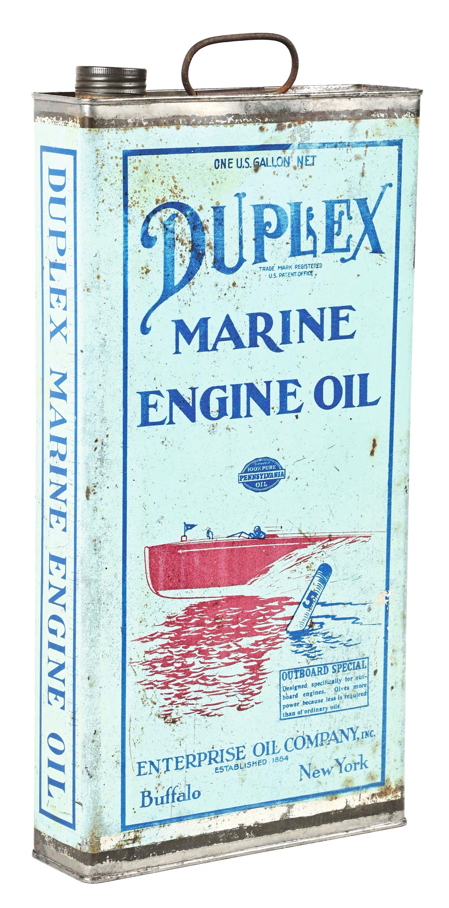 RARE DUPLEX MARINE ENGINE OIL ONE GALLON FLAT CAN W/ BOAT GRAPHIC. (1 of 4)