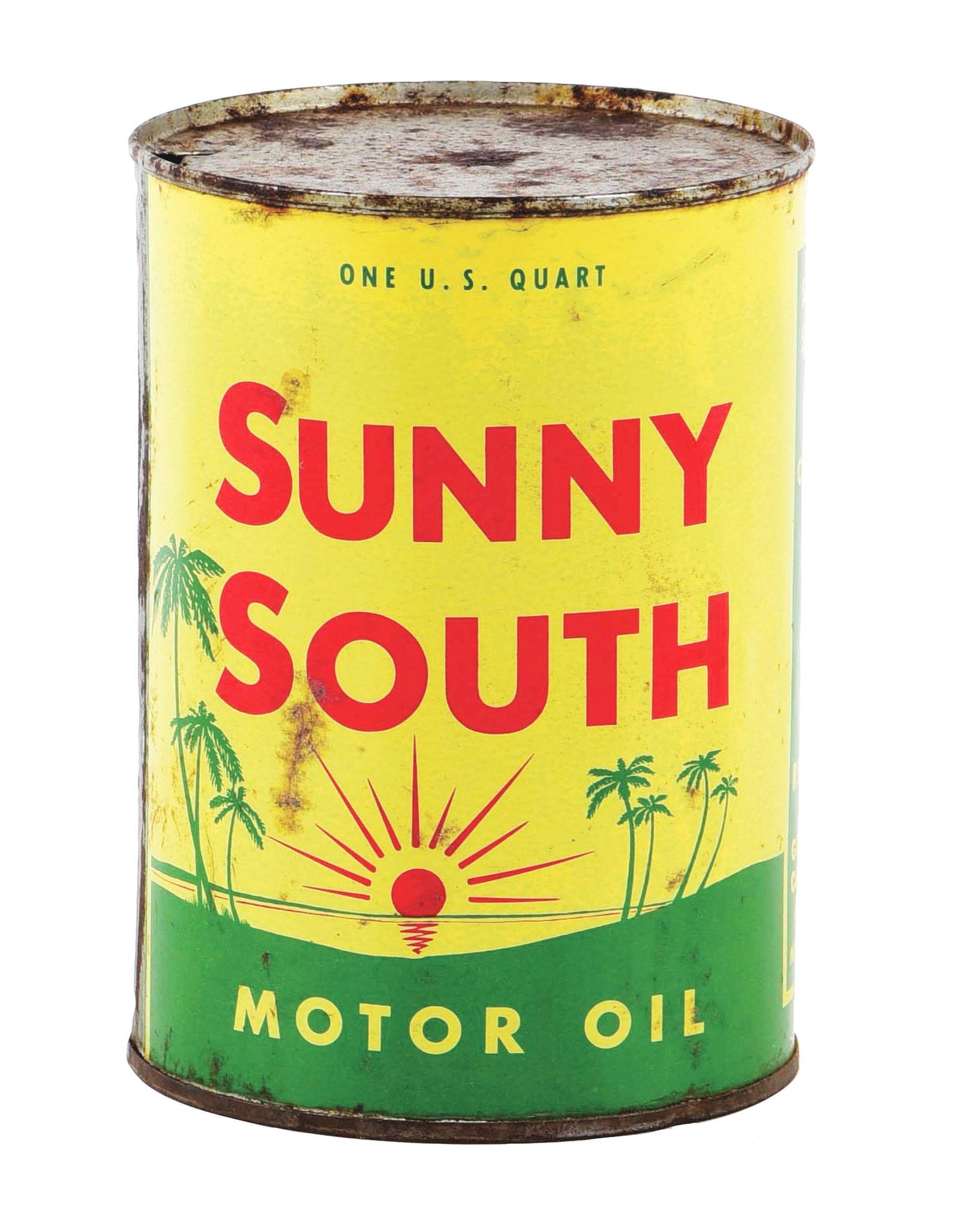 SUNNY SOUTH MOTOR OIL ONE QUART CAN W/ SUN & PALM TREE GRAPHIC. (1 of 4)