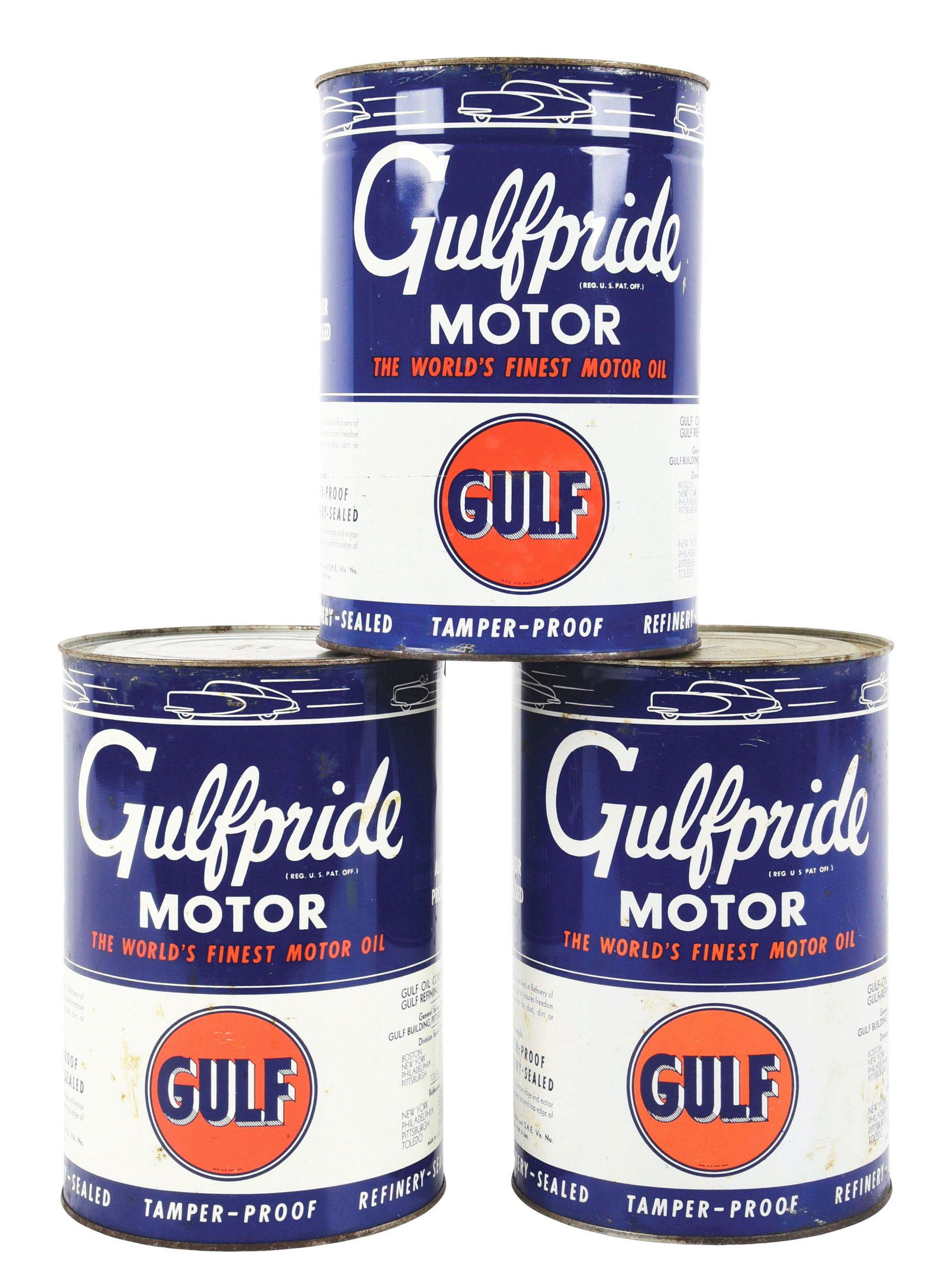 COLLECTION OF 3: GULFPRIDE MOTOR OIL FIVE QUART CANS W/ SPEEDING CAR GRAPHICS. (1 of 5)