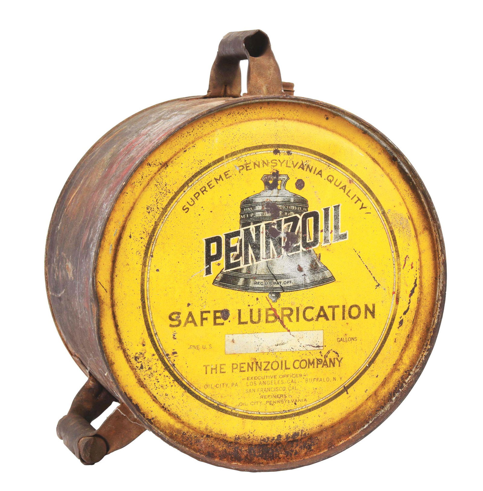 PENNZOIL MOTOR OIL FIVE GALLON ROCKER CAN W/ BELL GRAPHIC. (1 of 4)