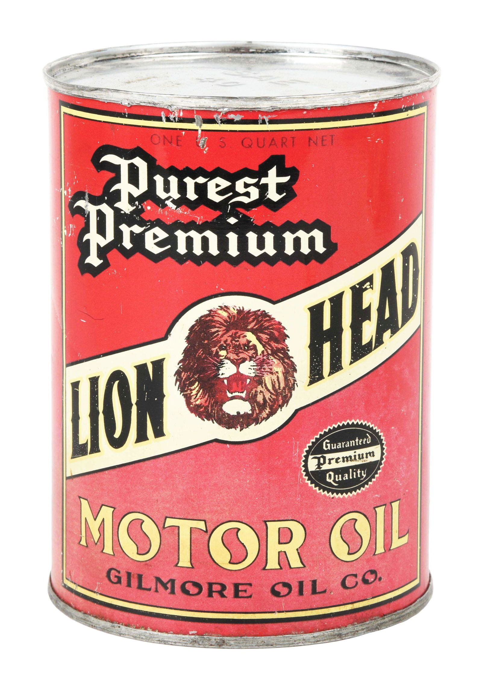 RARE GILMORE "PUREST PREMIUM" MOTOR OIL ONE QUART CAN W/ LION GRAPHIC. (1 of 4)