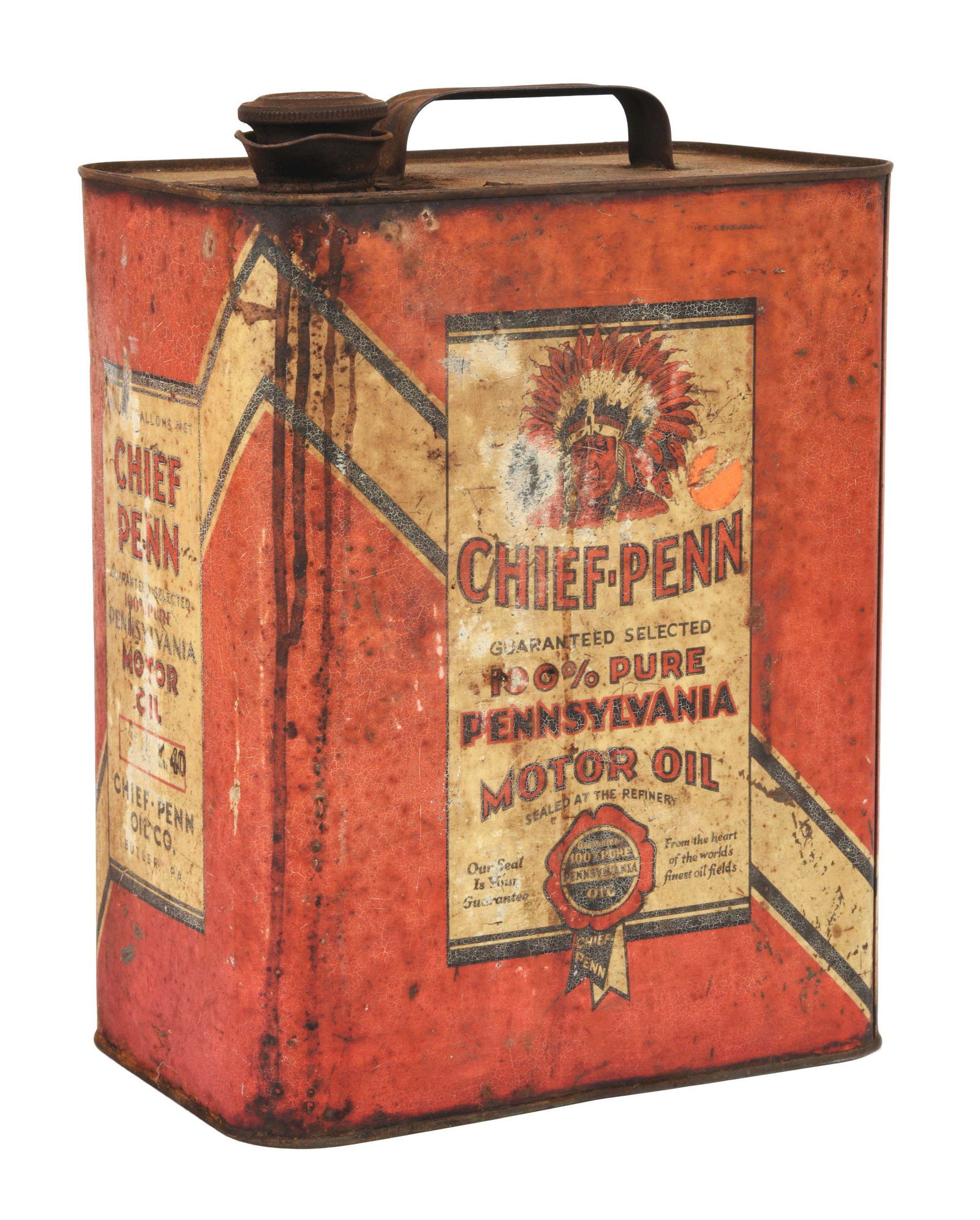 CHIEF-PENN MOTOR OIL TWO GALLON CAN W/ NATIVE AMERICAN GRAPHIC. (1 of 4)