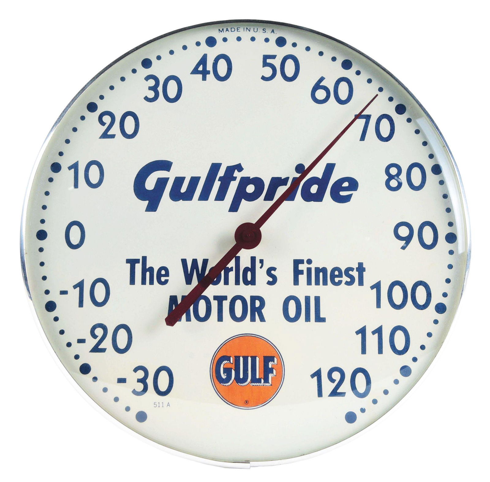 GULFPRIDE THE WORLD'S FINEST MOTOR OIL SERVICE STATION THERMOMETER. (1 of 2)