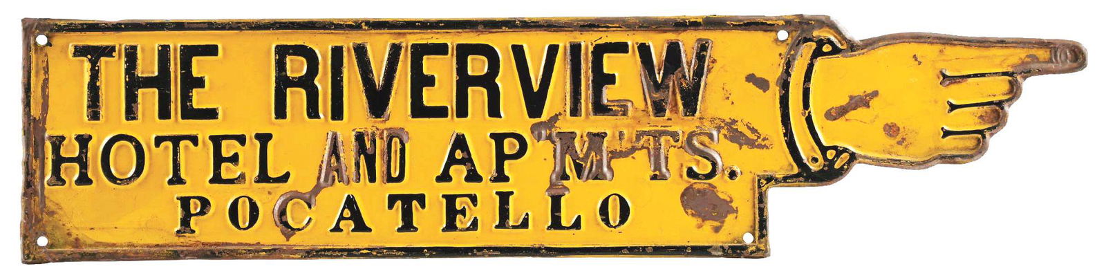 THE RIVERVIEW HOTEL AND APARTMENTS EMBOSSED TIN DIRECTIONAL SIGN. (1 of 2)