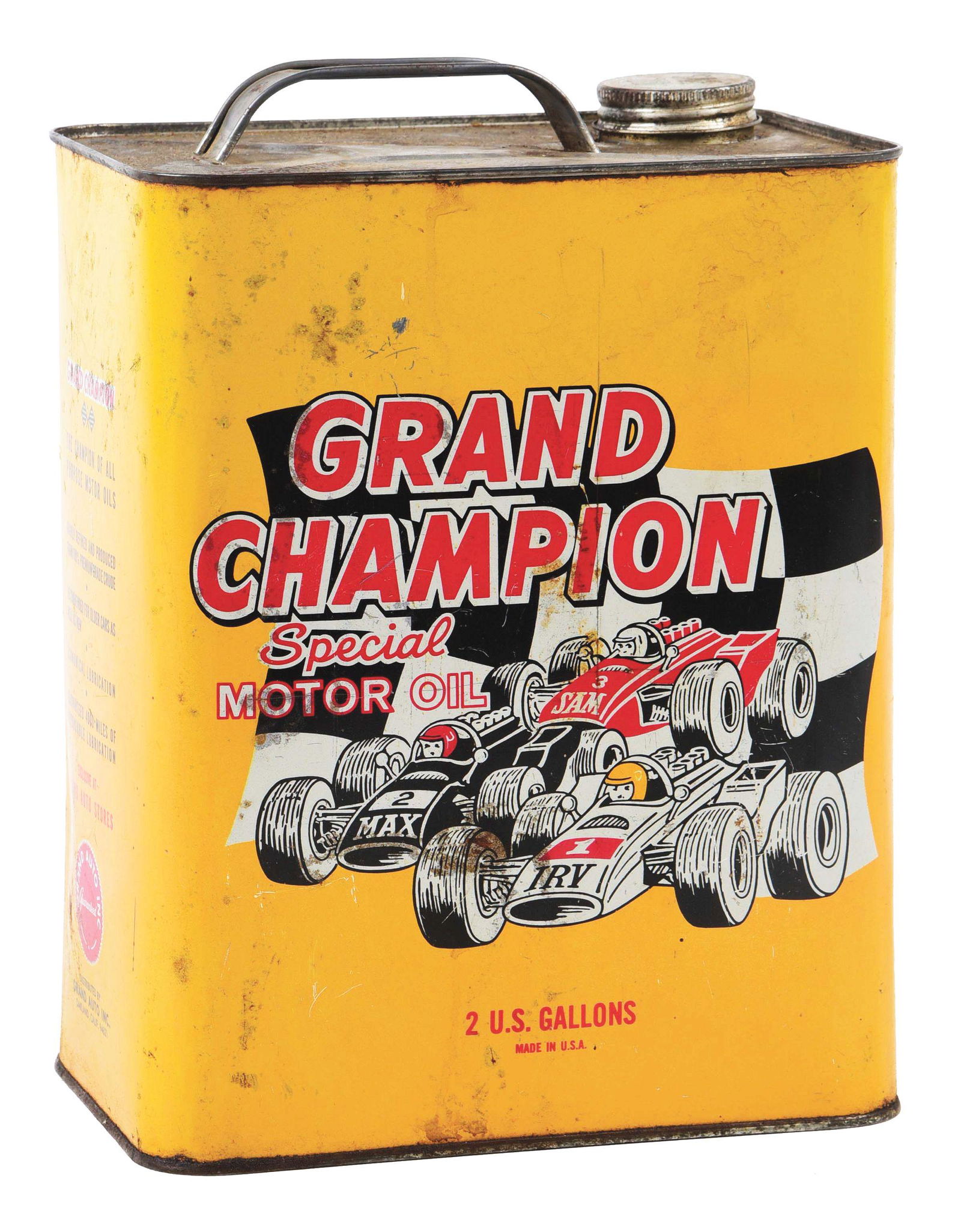 GRAND CHAMPION SPECIAL MOTOR OIL TWO GALLON CAN W/ RACE CAR GRAPHICS. (1 of 4)