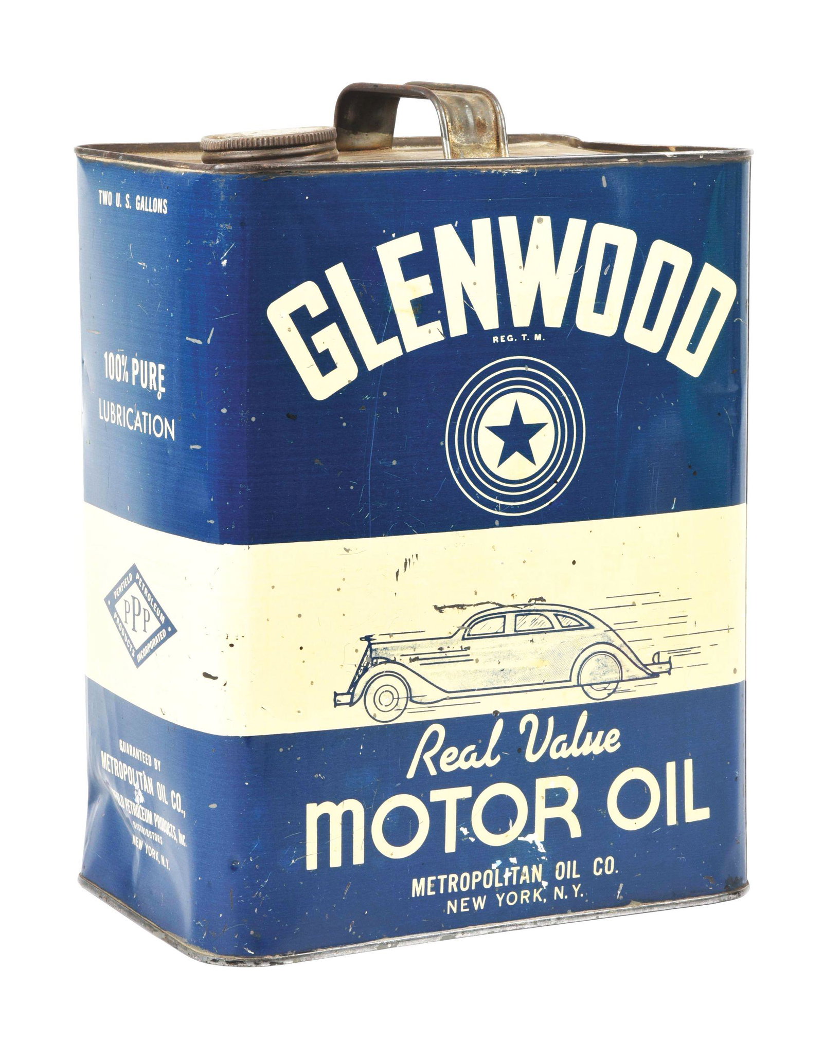 GLENWOOD REAL VALUE MOTOR OIL TWO GALLON CAN W/ CAR GRAPHIC. (1 of 4)