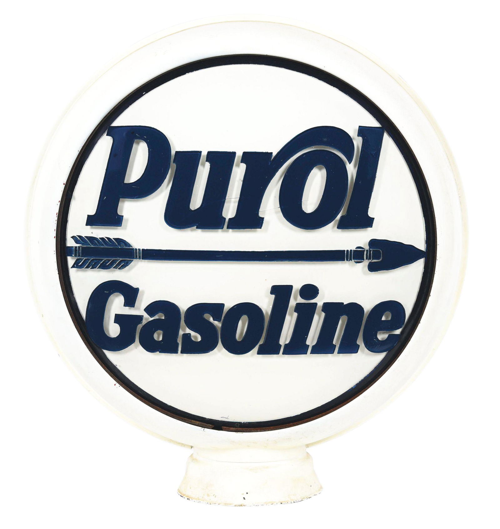 PUROL GASOLINE 15" SINGLE CAST GLASS GLOBE LENS ON HIGH PROFILE METAL BODY. (1 of 4)