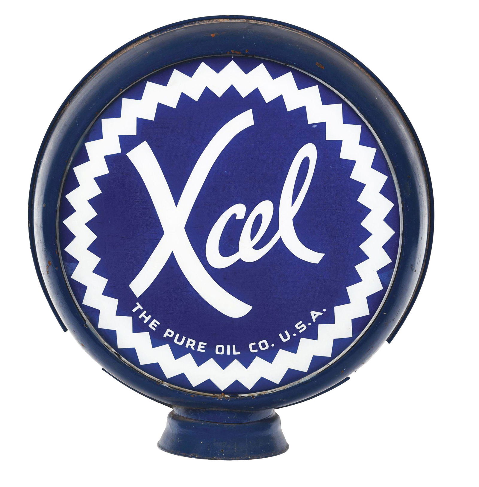 PURE OIL EXEL GASOLINE SINGLE 15" GLOBE LENS ON HIGH PROFILE METAL BODY. (1 of 4)