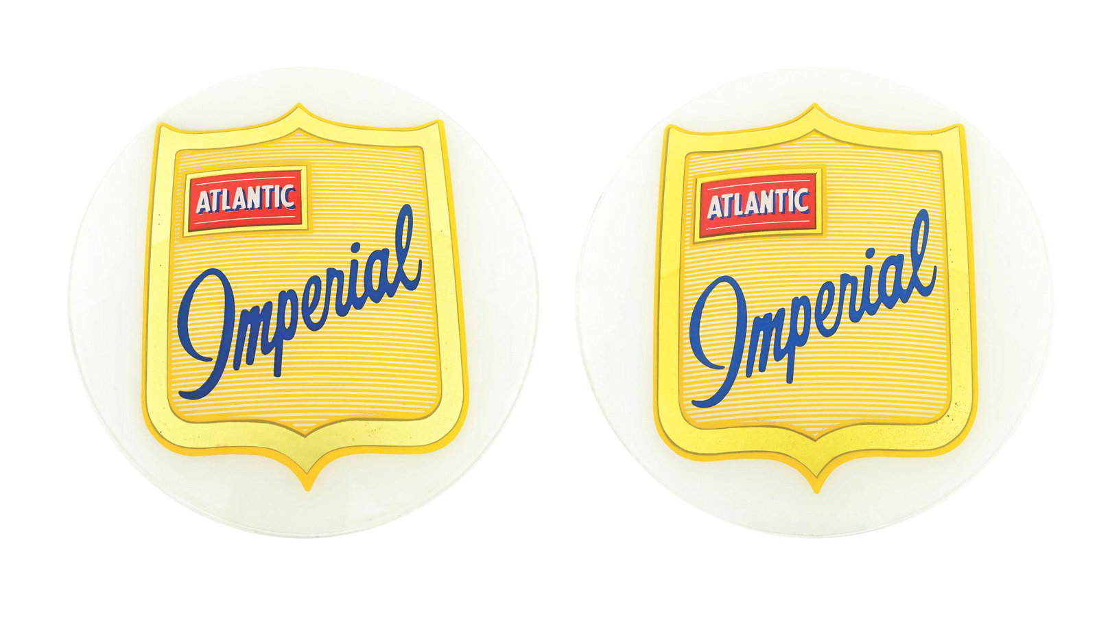 SET OF TWO: ATLANTIC IMPERIAL GASOLINE 13.5" GLOBE LENSES.: Set of Two 13.5" Globe Lenses: A very nice original pair of Globe Lenses from Atlantic Imperial Gasoline showing reflective Gold shield with unique script. A product of Atlantic Refining Company, Phil