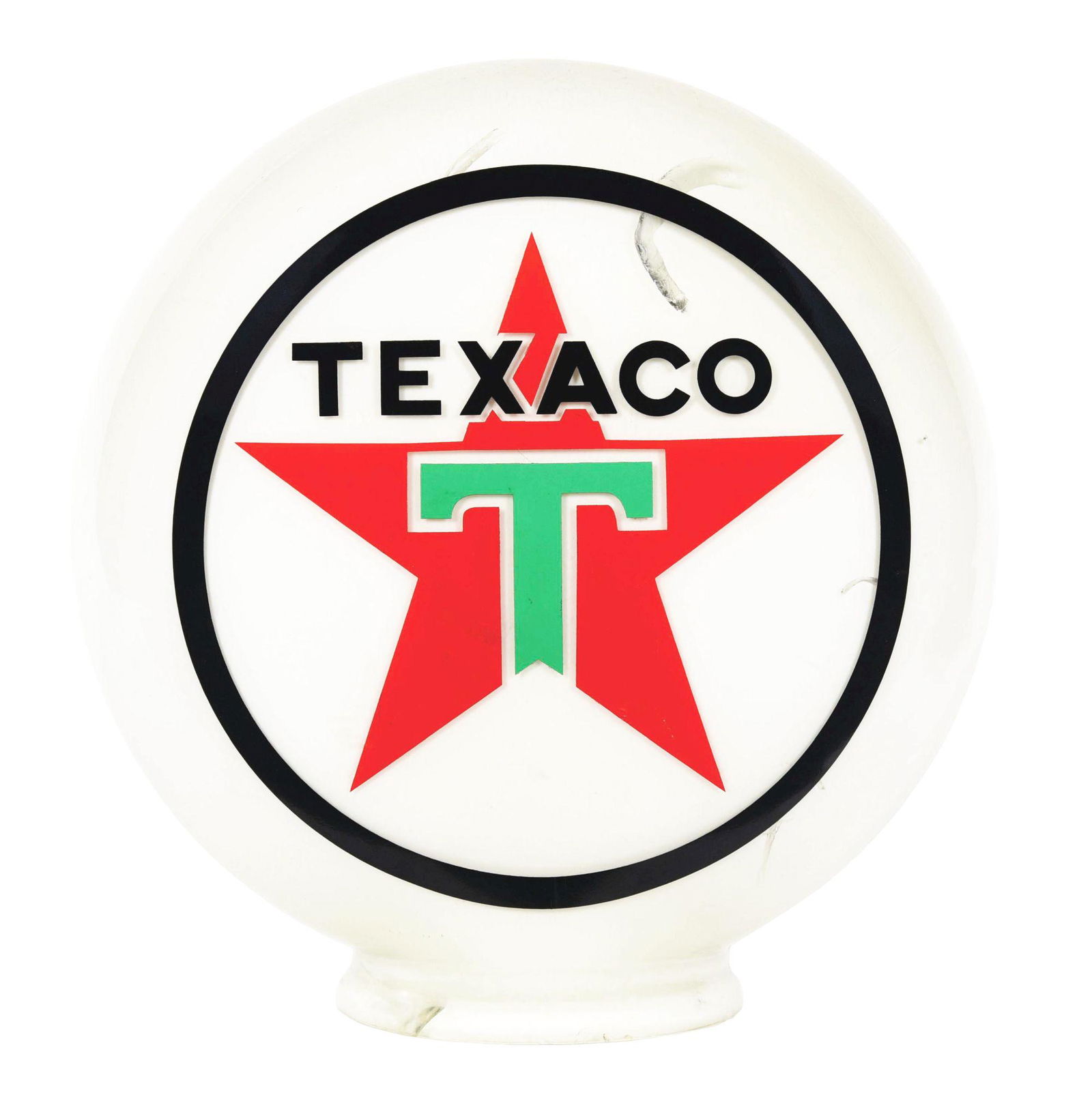 TEXACO GASOLINE ONE PIECE MILK GLASS GLOBE W/ DECAL GRAPHICS. (1 of 4)