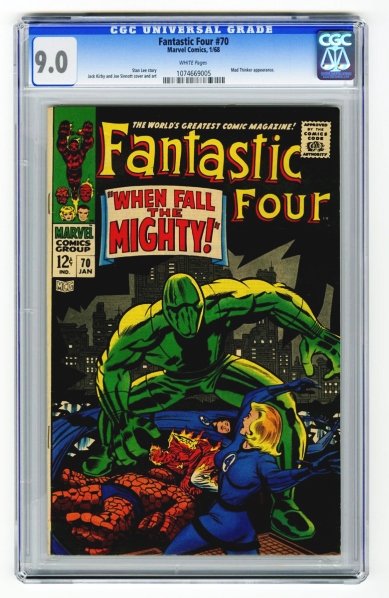 Fantastic Four #70 CGC 9.0 Marvel Comics 1/68.: Stan Lee story with Jack Kirby and Joe Sinnott cover and art. Mad Thinker appearance. White pages. CGC SN: 1074669005. Condition (CGC 9.0).