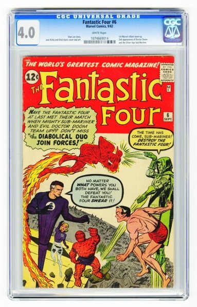 Fantastic Four #6 CGC 4.0 Marvel Comics 9/62.: Stan Lee story with Jack Kirby and Dick Ayers cover and art. First Marvel villain team-up. Second appearance of Doctor Doom and the Silver Age Sub-Mariner. White pages. CGC SN: 1074669014. Condition (