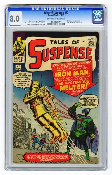 Tales of Suspense #47 CGC 8.0 Marvel Comics 11/63: Stan Lee and Larry Lieber stories with Steve Ditko, Larry Lieber, Don Heck and George Roussos art. Jack Kirby cover. Origin and first appearance of the Melter (Bruno Horgan). Off-white to white pages.