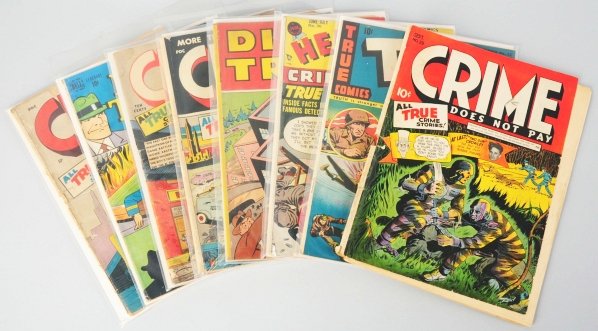 Lot of 8: 1950s Crime Themes Comic Books.: This lot includes titles such as Crime Does not Pay, Dick Tracy Monthly, Headline Comics, and True Comics. Condition (Good - Very Good).