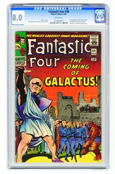 Fantastic Four #48 CGC 8.0 Marvel Comics 3/66.: Stan Lee story with Jack Kirby and Joe Sinnott cover and art. First appearance of the Silver Surfer and Galactus (cameo last page). Inhumans and Watcher appearance. White pages. CGC SN: 1074669001. Co