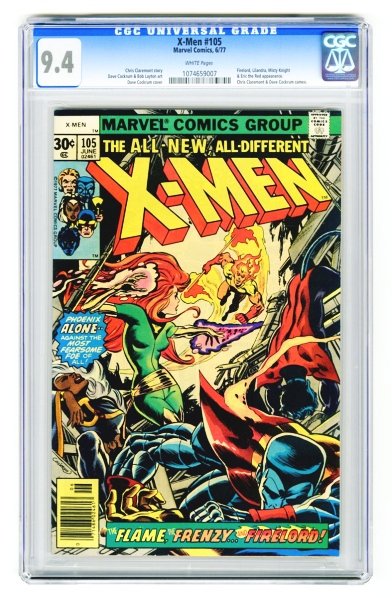 X-Men #105 CGC 9.4 Marvel Comics 6/77.: Chris Claremont story, Dave Cockrum and Bob Layton art with Dave Cockrum cover. Firelord, Lilandra, Misty Knight and Eric the Red appearance. Chris Claremont and Dave Cockrum cameo. White pages. CGC S
