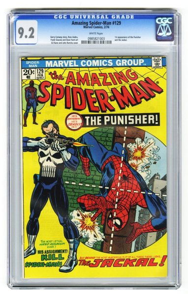 Amazing Spider-Man #129 CGC 9.2 Marvel Comics.: 2/74. Gerry Conway story, Ross Andru, Frank Giacoia, and Dave Hunt art with Gil Kane and John Romita cover. First appearance of The Punisher and The Jackal. White pages. CGC SN: 0985821003. Condition