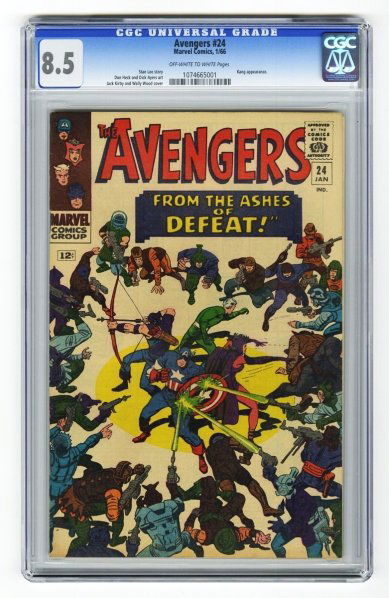 Avengers #24 CGC 8.5 Marvel Comics 1/66.: Stan Lee story, Don Heck and Dick Ayers art with Jack Kirby and Wally Wood cover. Kang appearance. Off-white to white pages. CGC SN: 1074665001. Condition (CGC 8.5).