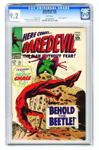 Daredevil #33 CGC 9.2 Marvel Comics 10/67.: Stan Lee story, Gene Colan and John Tartaglione art with Gene Colan and Dick Ayers cover. Beetle appearance. White pages. CGC SN: 105106008. Condition (CGC 9.2).
