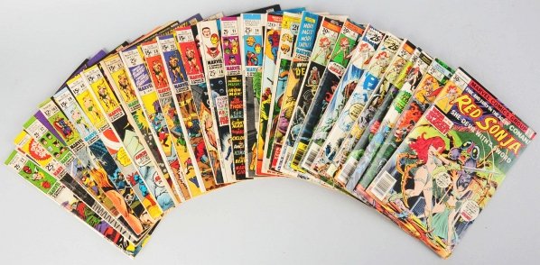 Lot of 25+ Issues of 1960s-70s Marvel Comic Books: Includes Marvel titles such as Red Sonja, Marvel Tales, The Mighty Thor, and Sub-Mariner, among others. Condition (Very Good - Fine).
