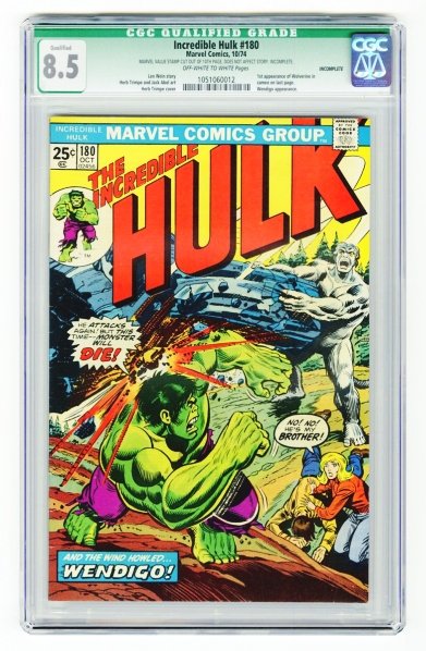 Incredible Hulk #180 CGC 8.5 Marvel Comics 10/74.: Len Wein story, Herb Trimpe and Jack Abel art with Herb Trimpe cover. First appearance of Wolverine in cameo on last page. Wendigo appearance. Marvel value stamp cut out of tenth page but does not aff