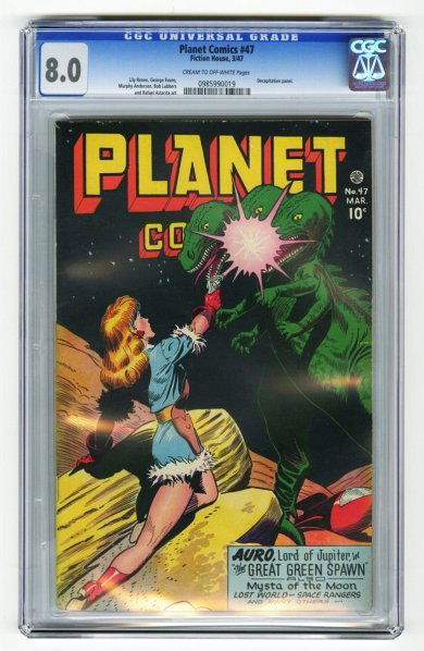 Planet Comics #47 CGC 8.0 Fiction House 3/47.: Lily Renee, George Evans, Murphy Anderson, Bob Lubbers, and Rafael Astarita art. Decapitation panel. Cream to off-white pages. CGC SN: 0985990019. Condition (CGC 8.0).