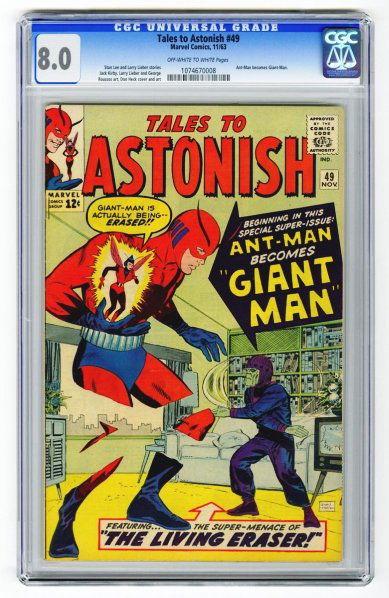 Tales to Astonish #49 CGC 8.0 Marvel Comics.: 11/63. Stan Lee and Larry Lieber stories, Jack Kirby, Larry Lieber, and George Roussos art with Don Heck cover and art. Ant-Man becomes Giant-Man. Off-white to white pages. CGC SN: 1074670008. Conditi