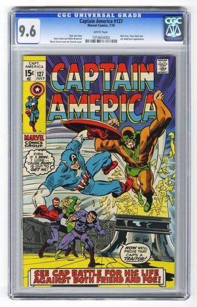 Captain America #127 CGC 9.6 Marvel Comics 7/70.: Stan Lee story, Gene Colan and Wally Wood art, with Marie Severin and Joe Sinnott cover. Nick Fury, Tony Stark, and Joe Robertson appearance. White pages. CGC SN: 1074654002. Condition (CGC 9.6).