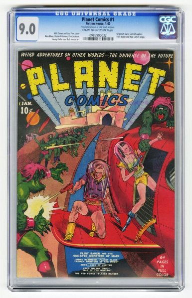 Planet Comics #1 CGC 9.0 Fiction House 1/40.: Will Eisner and Lou Fine cover with Alex Blum, Richard Golden, Ken Jackson, Henry Kiefer, ad Bob Jordan art. Origin of Auro, Lord of Jupiter. Flint Baker and Red Comet begin. Cream to off-white pages.