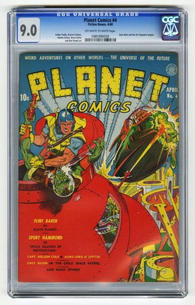 Planet Comics #4 CGC 9.0 Fiction House 4/40.: Arthur Peddy, Richard Golden, Charles Sultan, Henry Kiefer, and Bob Powell art. Gale Allen and the Girl Squadron begins. Off-white to white pages. CGC SN: 0985990030. Condition (CGC 9.0).