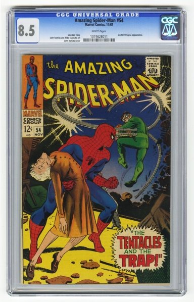 Amazing Spider-Man #54 CGC 8.5 Marvel Comics.: 11/67. Stan Lee story, John Romita and Mike Esposito art with John Romita cover. Doctor Octopus appearance. White pages. CGC SN: 1074628011. Condition (CGC 8.5).