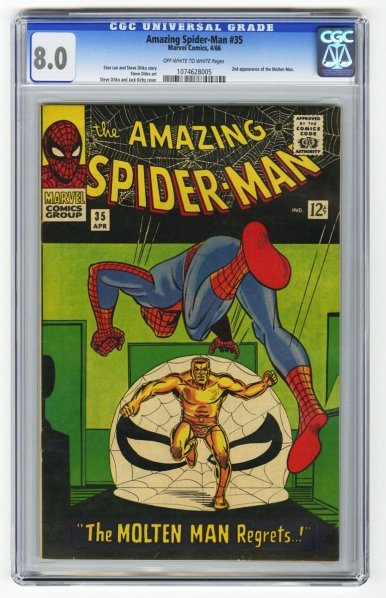Amazing Spider-Man #35 CGC 8.0 Marvel Comics.: 4/66. Stan Lee and Steve Ditko story, Steve Ditko art with Steve Ditko and Jack Kirby cover. Second appearance of the Molten Man. Off-white to white pages. CGC SN: 1074628005. Condition (CGC 8.0).
