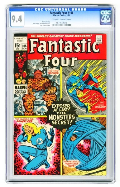 Fantastic Four #106 CGC 9.4 Marvel Comics 1/71.: Stan Lee story, John Romita and Joe Sinnett art with John Romita cover. Off-white to white pages. CGC SN: 1074659013. Condition (CGC 9.4).