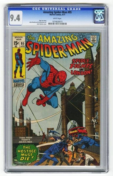 Amazing Spider-Man #95 CGC 9.4 Marvel Comics.: 4/71. Stan Lee story, John Romita and Sal Buscema art with John Romita cover. White pages. CGC SN: 1074630015. Condition (CGC 9.4).