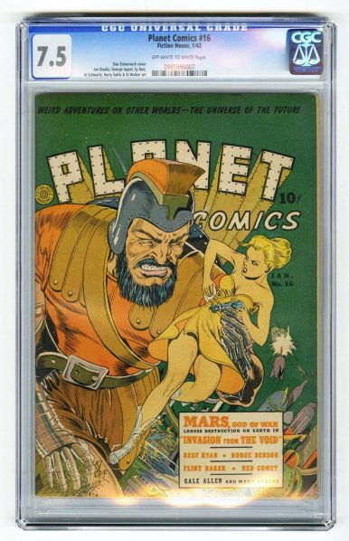 Planet Comics #16 CGC 7.5 Fiction House 1/42.: Dan Zolnerwich cover with Joe Doolin, George Appel, Sy Reit, Al Schwartz, Harry Sahle, and Al Walker art. Off-white to white pages. CGC SN: 0985990007. Condition (CGC 7.5).