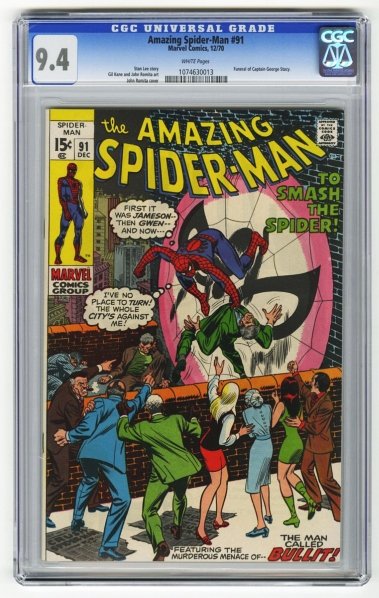 Amazing Spider-Man #91 CGC 9.4 Marvel Comics.: 12/70. Stan Lee story, Gil Kane and John Romita art with John Romita cover. Funeral of Captain George Stacy. White pages. CGC SN: 1074630013. Condition (CGC 9.4).