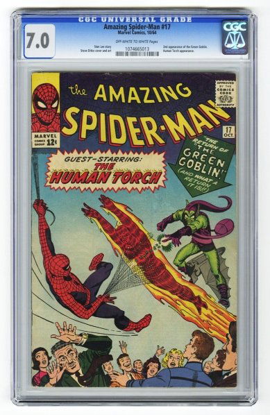 Amazing Spider-Man #17 CGC 7.0 Marvel Comics.: 10/64. Stan Lee story with Steve Ditko cover and art. Second appearance of the Green Goblin. Human Torch appearance. Off-white to white pages. CGC SN: 1074665013. Condition (CGC 7.0).