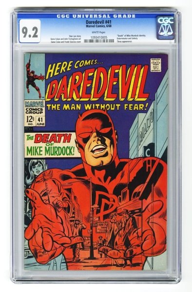 Daredevil #41 CGC 9.2 Marvel Comics 6/68.: Stan Lee story, Gene Colan and John Tartaglione art with Gene Colan and Frank Giacoia cover. "Death" of Mike Murdock identity. Exterminator and Unholy Three appearance. White pages. CGC SN: 1093410005