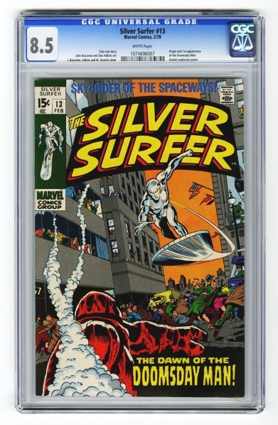 Silver Surfer #13 CGC 8.5 Marvel Comics 2/70.: Stan Lee story, John Buscema and Dan Adkins art with J. Buscema, Adkins, and M. Severin cover. Origin and first appearance of the Doomsday Man. Atomic explosion panel. White pages. CGC SN: 1074696007.