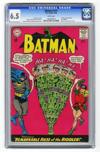 Batman #171 CGC 6.5 D.C. Comics 5/65.: Gardner Fox story, Sheldon Moldoff and Joe Giella art with Carmine Infantino and Murphy Anderson cover. First Silver Age appearance of the Riddler. Batman TV pilot based on story. White pages. CGC SN: