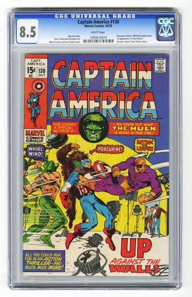 Captain America #130 CGC 8.5 Marvel Comics 10/70.: Stan Lee story, Gene Colan and Dick Ayers art with Marie Severin and Joe Sinnott cover. Porcupine, Batroc, Whirlwind appearance. First appearance of Hood (Baron Strucker robot). Peter Parker cameo. Wh