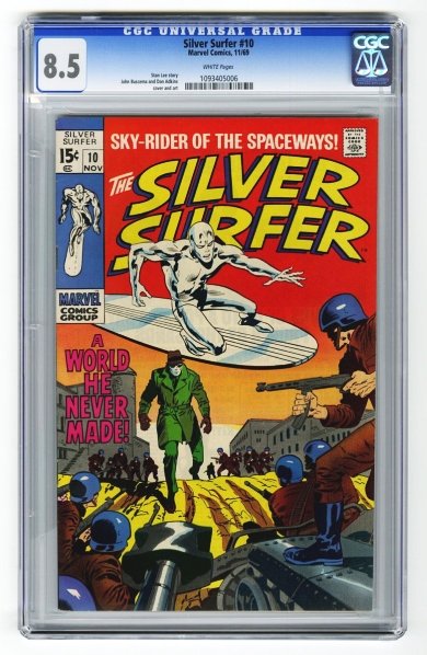 Silver Surfer #10 CGC 8.5 Marvel Comics 11/69.: Stan Lee story with John Buscema and Dan Adkins cover and art. White page. CGC SN: 1093405006. Condition (CGC 8.5).